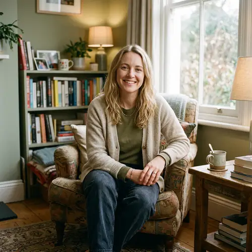 Casual Fair-Haired Woman in Warmly Lit Room