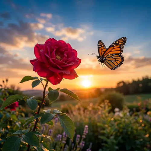 Crimson Rose with Sun and Butterfly in Blue Sky