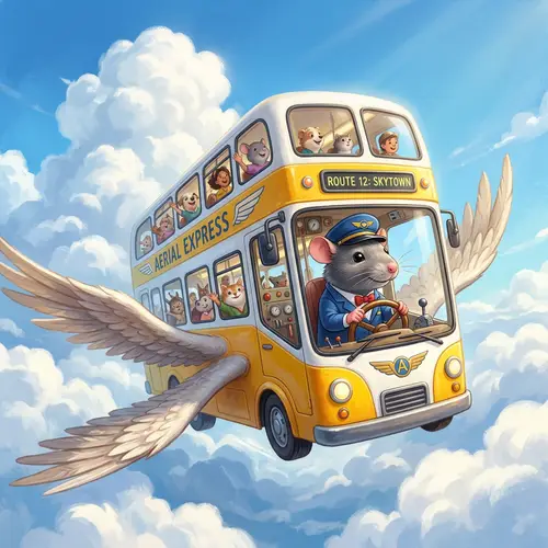 Whimsical Bus with Wings Soaring in Blue Sky