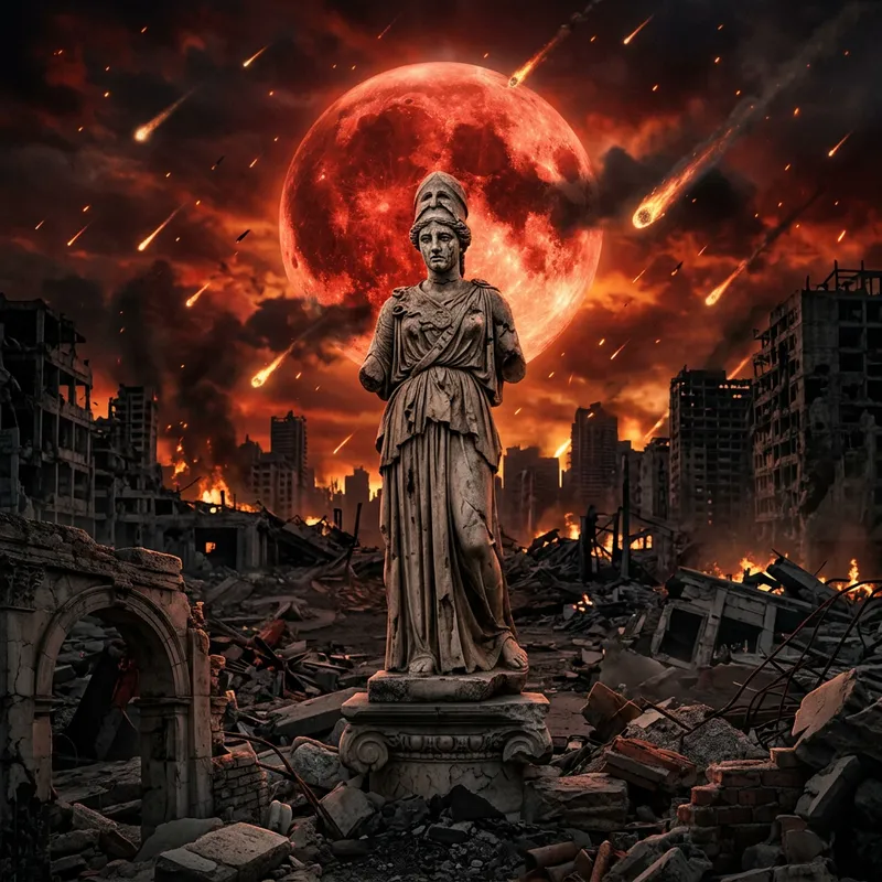 Hyperrealistic Post-Apocalyptic Scene with Antique Statue & Red Moon