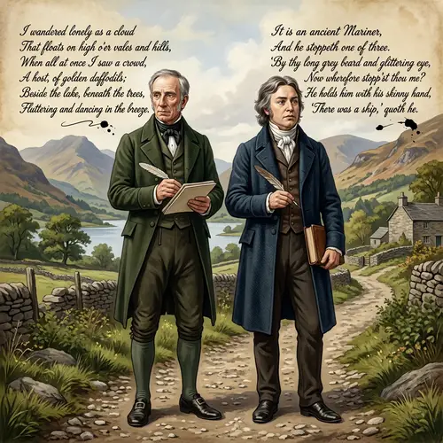 Stylized Poet Portraits: Wordsworth, Coleridge, and Handwritten Verses