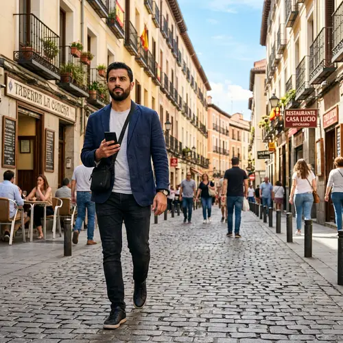 Middle-Eastern Man Walking in Madrid with Cell Phone | City Street Scene