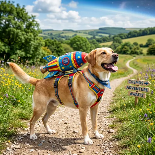 Playful Dog with Rocket: Imaginary Journey into Cosmos