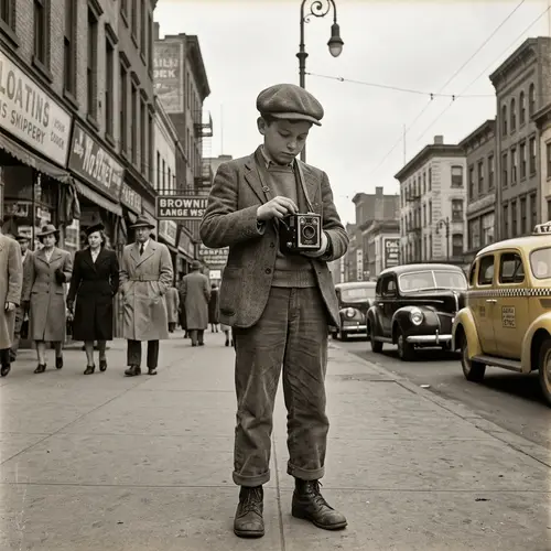 Vintage 1940's Boy with Camera in the City