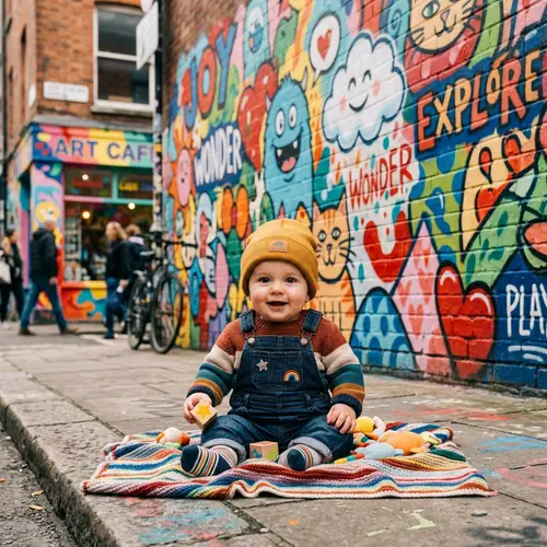 Playful Baby in Colorful City Setting with Vibrant Graffiti