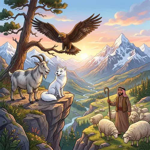 Lively Mountain Scene with Mountain Goat, Snow Fox, Eagle & Farmer