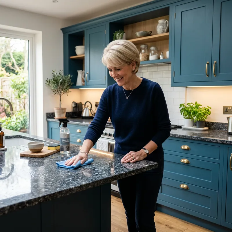 Stylish British Woman Cleaning Granite Worktop in Modern Teal Kitchen