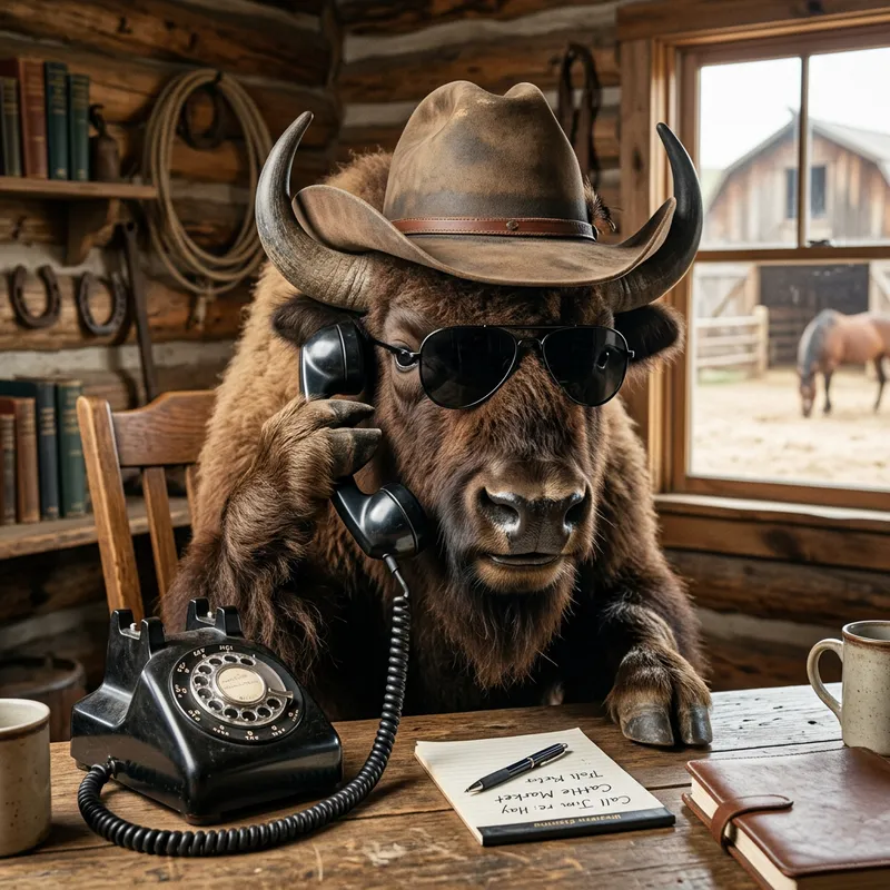 Confident Buffalo with Sunglasses and Cowboy Hat Talking on Vintage Telephone