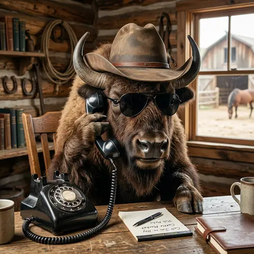 Cool Buffalo with Sunglasses and Cowboy Hat Talking on Phone