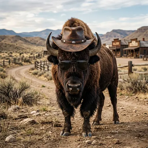 Stylish Buffalo with Sunglasses and Cowboy Hat