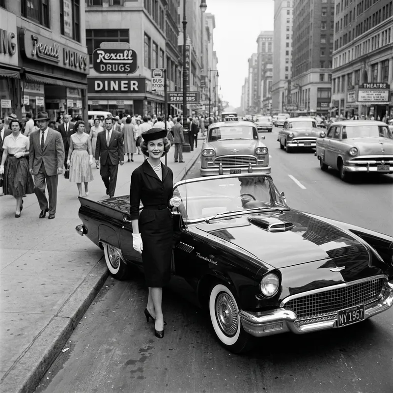 1957 Black Ford Thunderbirds with Woman in Timeless Black Dress