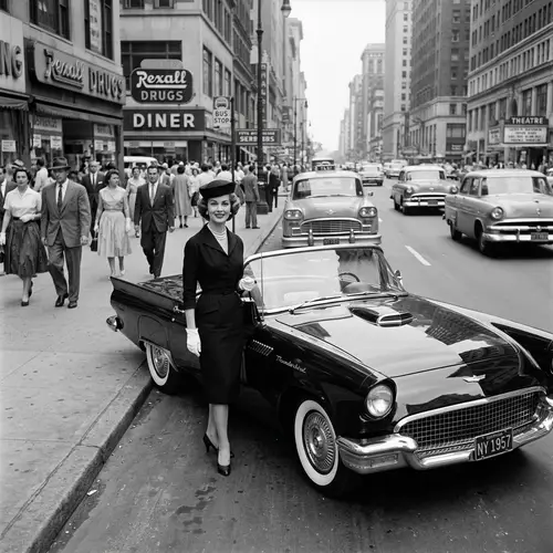 1950s Vintage Fashion with Ford Thunderbird on City Street