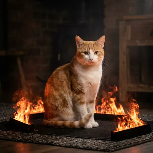 Intense Orange and White Striped Cat in Safe Setting with Illusion of Fire
