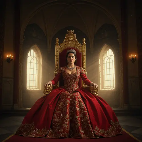 Queen on Throne in Red Dress - Stunning Artwork