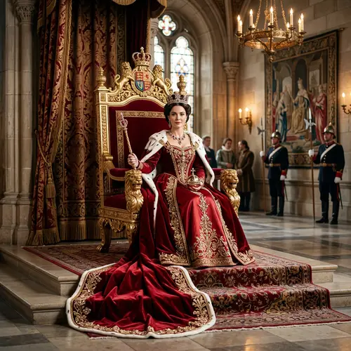 Queen on Throne in Red Dress - Stunning Artwork