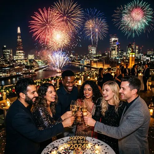 Diverse New Year Celebration with Sparkling Fireworks