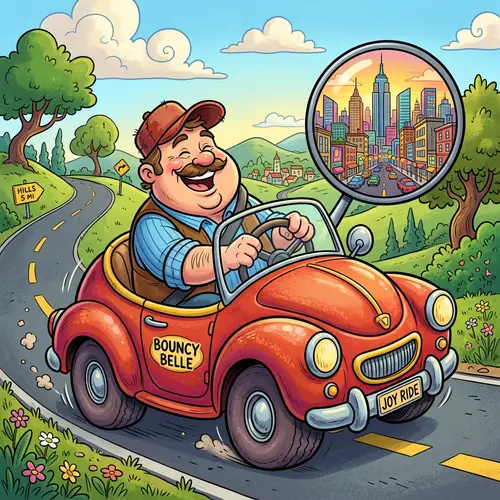 Cartoon-Style Image of Chubby Individual Driving a Classic Car