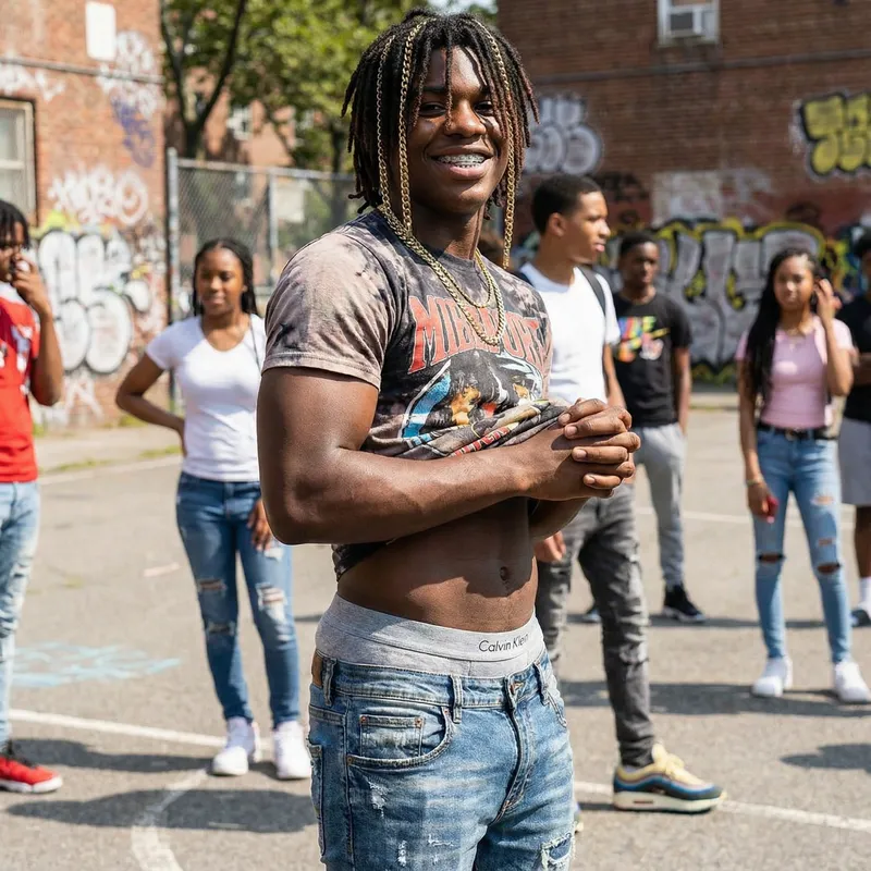 Happy Black Teen with Braces, Gold Chains, and Muscular Style