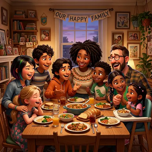 Diverse Pixar-Disney Family Scene: 9 Members, 6 Kids