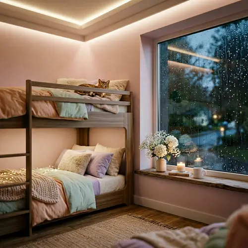 Cozy Bedroom Design with Playful Cat & LED Lighting