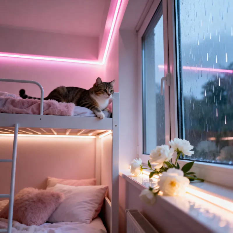 Cozy Bedroom Design with Playful Cat & LED Lighting