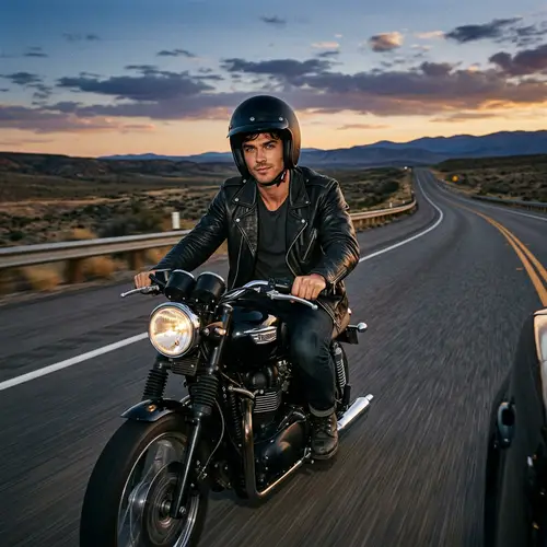 Enigmatic Brunette Man on Motorcycle | Mystery & Allure