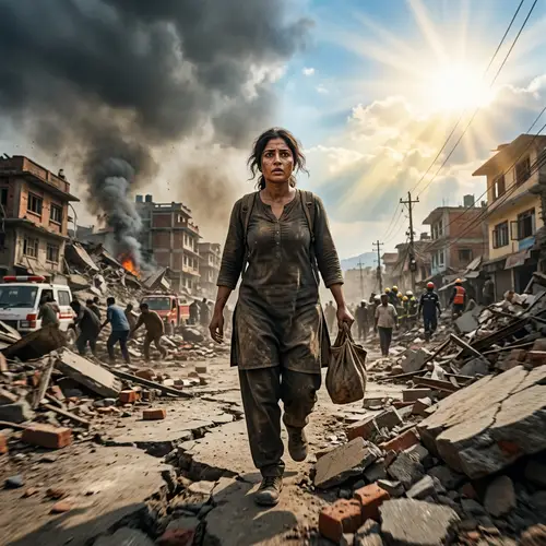 Earthquake Scene with South Asian Woman | Resilience and Strength