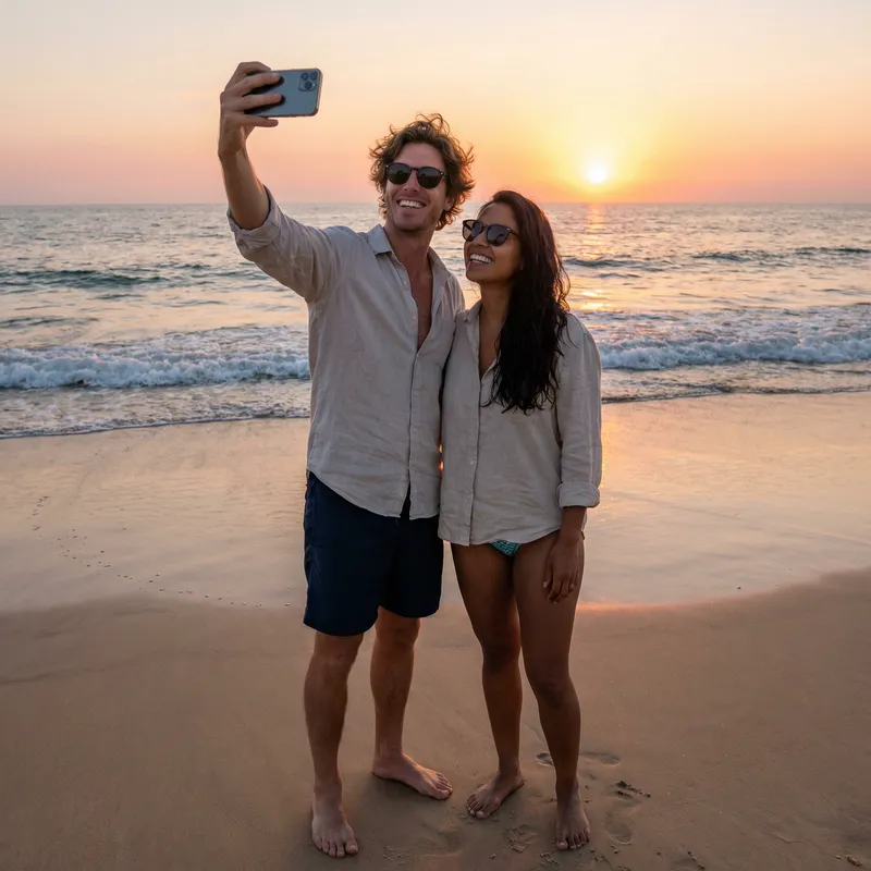 Beach Couple Selfie: Enjoying Sunset on the Shore