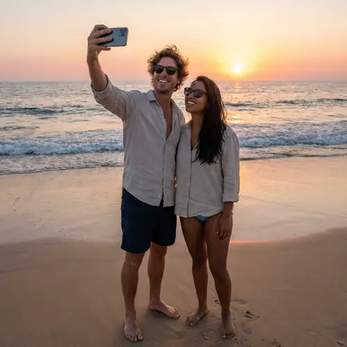 Beach Selfie: Caucasian Man and Hispanic Woman Enjoy Sunset
