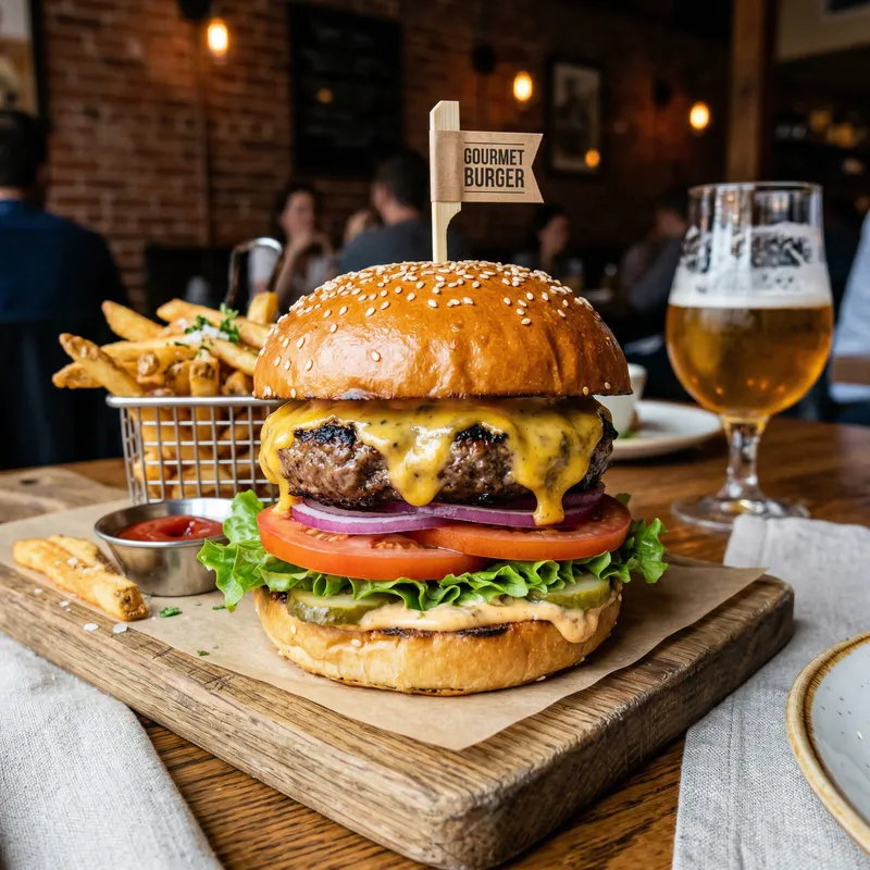 Gourmet Burger with Melting Cheese & Fresh Veggies