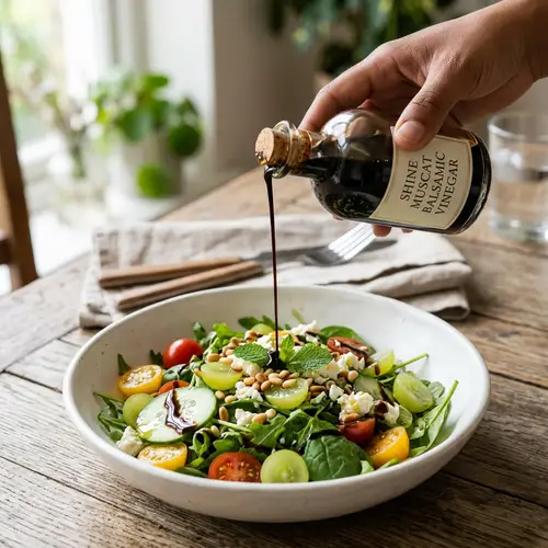 Drizzling Shine Muscat Balsamic Vinegar on Salad