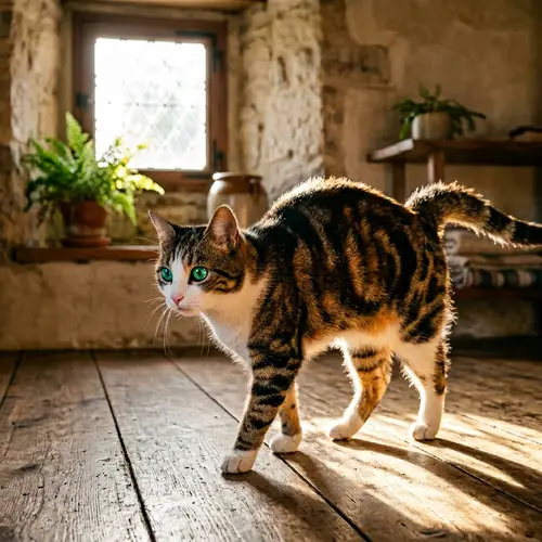 Emerald-Eyed Domestic Cat | White & Tabby Stripes | Sunlit Silhouette