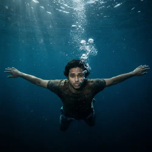 Sinking South Asian Man in Ocean Depths