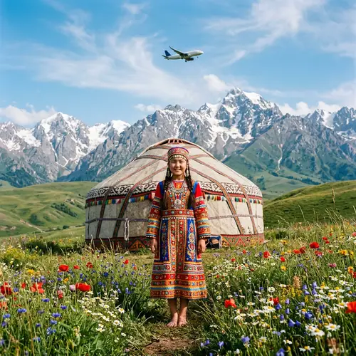 Traditional Kazakh Girl by Yurt with Majestic Mountains