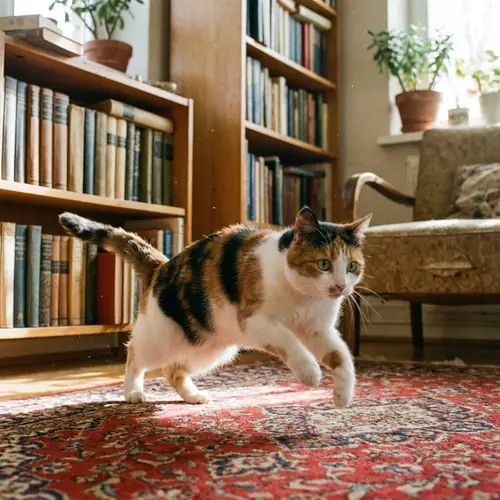 Nimble Domestic Cat with Calico Fur in Mid-Pounce