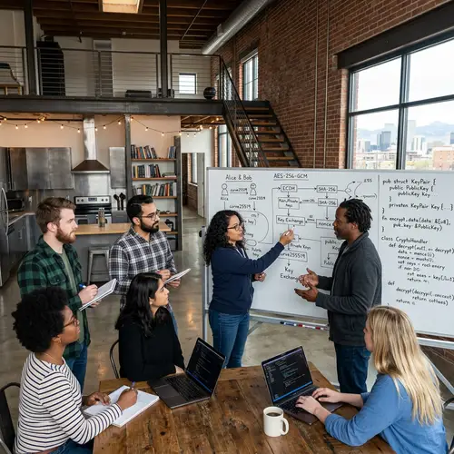 Diverse Group of Developers Passionately Discussing Cryptography in Denver Loft House