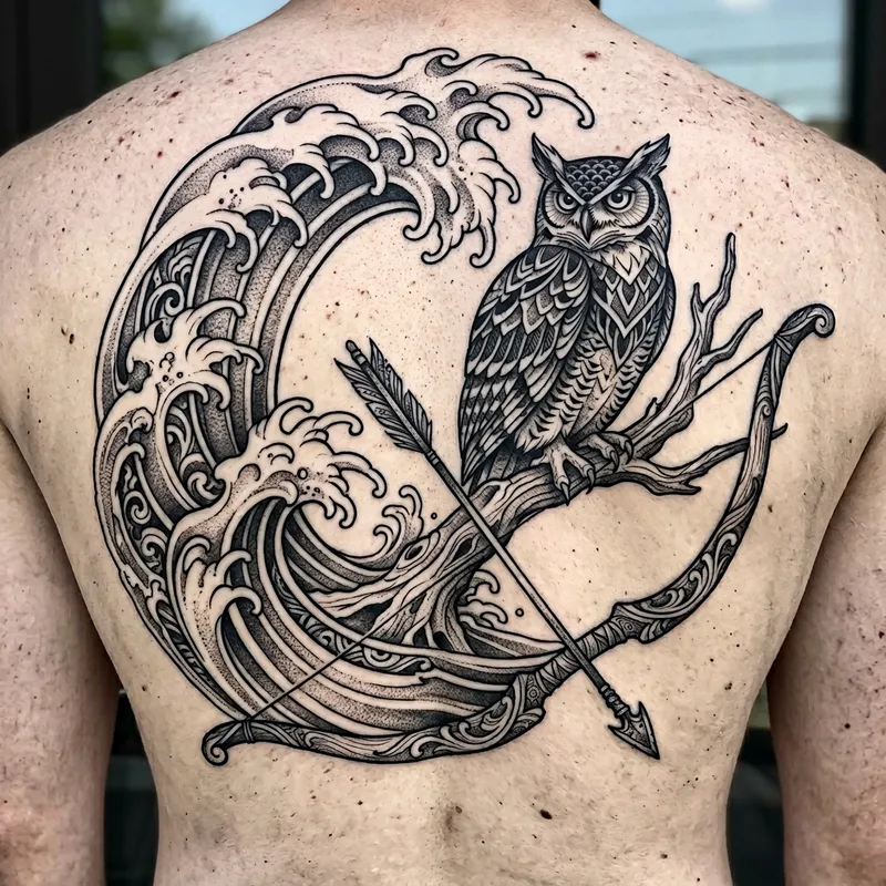 Intricate Wave, Owl, Bow & Arrow Tattoo Design Intricate Wave, Owl, Bow & Arrow Tattoo Design