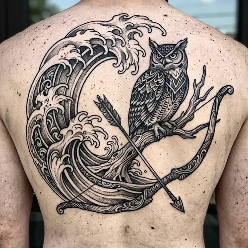 Wave, Owl, Bow & Arrow Tattoo Design