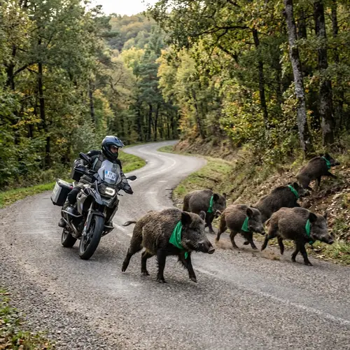 Wild Boars Encounter Motorcyclist on Rural Road