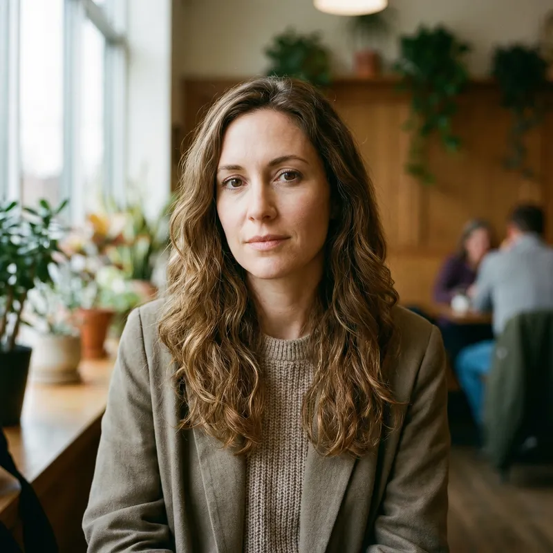 Woman in Her 30s with Brown Wavy Hair - Serene Portrait