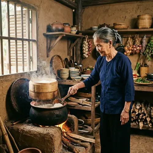 Bà Năm Cooking Rice in Rustic Vietnamese Kitchen