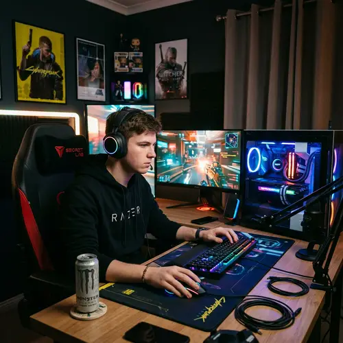 Intense Gaming Session | 18-Year-Old Gamer at Workstation
