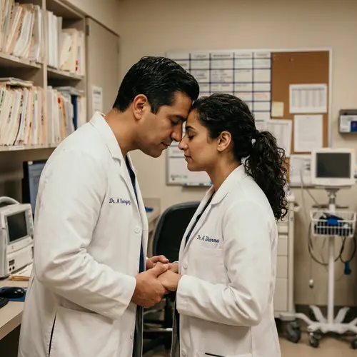 Passionate Moment: Male and Female Doctors Sharing a Tender Kiss