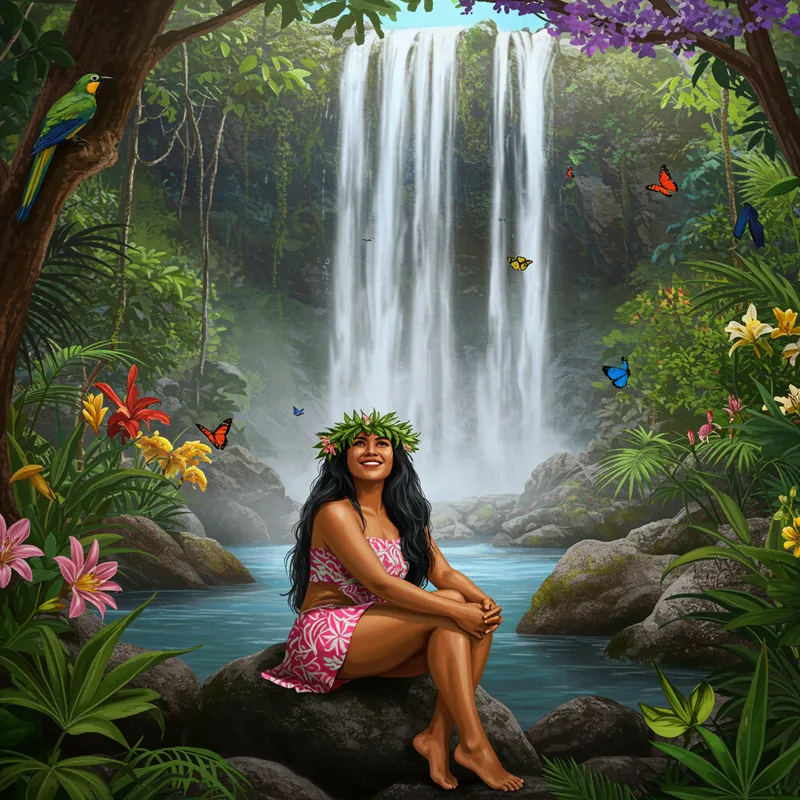 Polynesian Beauty Under Tropical Waterfall
