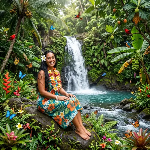 Polynesian Beauty Under Tropical Waterfall