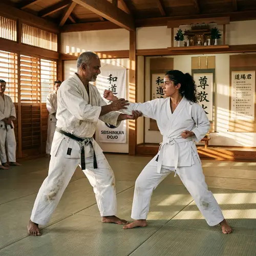 Martial Arts Spar: South Asian Man vs Hispanic Woman in Traditional Dojo