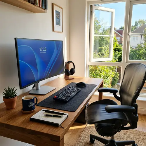 Modern Computer Setup on Wooden Desk | Workspace Design Ideas