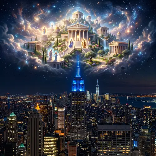 Blue Illuminated Empire State with Olympus Scene