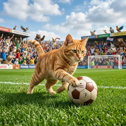 Energetic Ginger Tabby Cat Playing Football | Spectacle on the Field