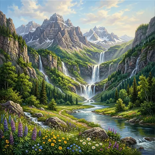 Majestic Mountain Landscape Painting with Waterfalls and Sunrays